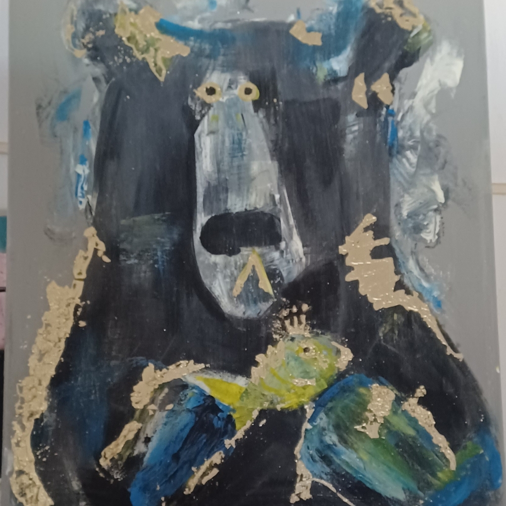 Original Acrylic Modern Bear Canvas Art in Black, Blue, and Gold.